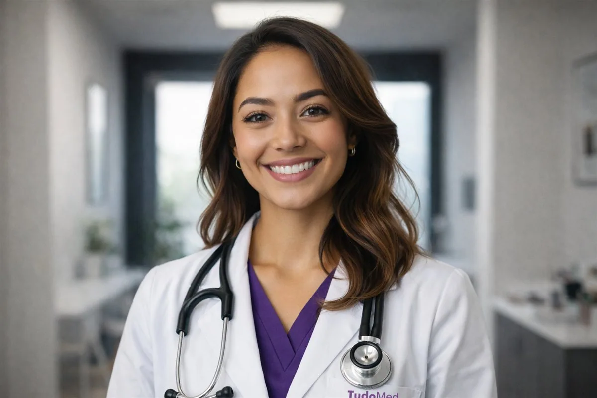Médica da TudoMed sorrindo, de jaleco com o logo TudoMed
